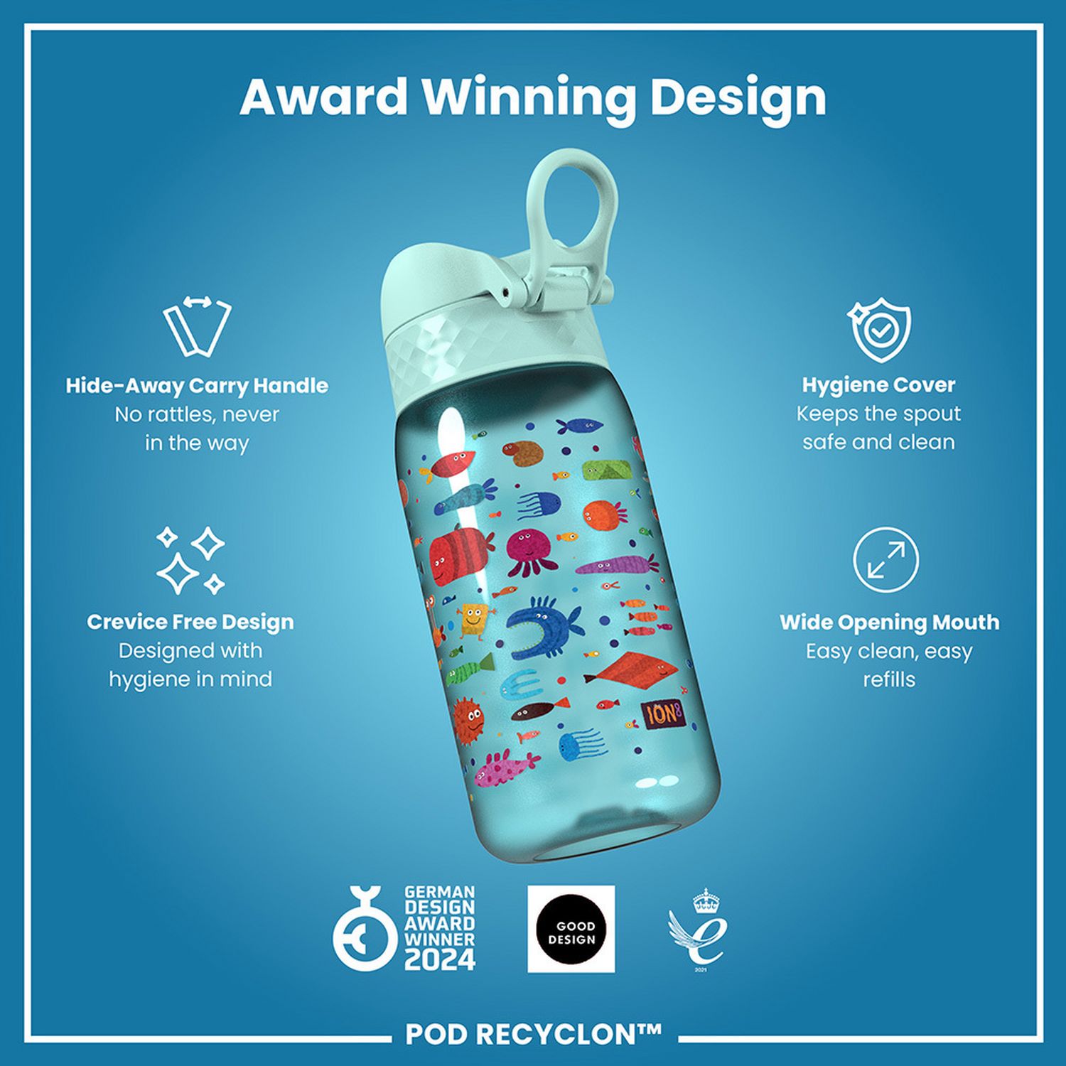 Ion8 water bottle fish blue 350ml, UK version