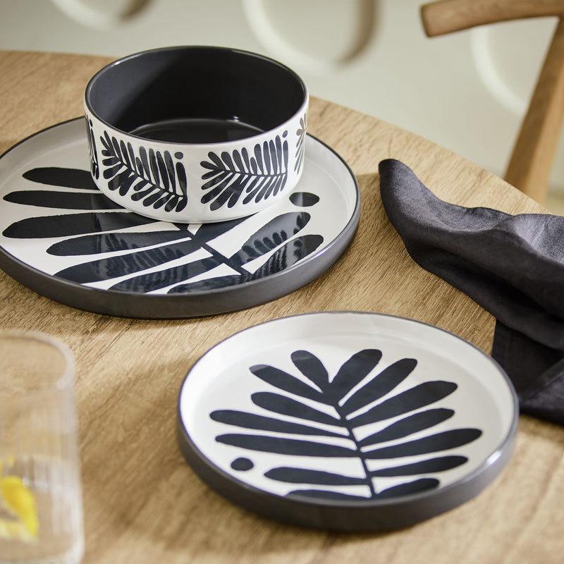 Habitat 12 piece stoneware dinner set in black and white leaf pattern, imported from the UK