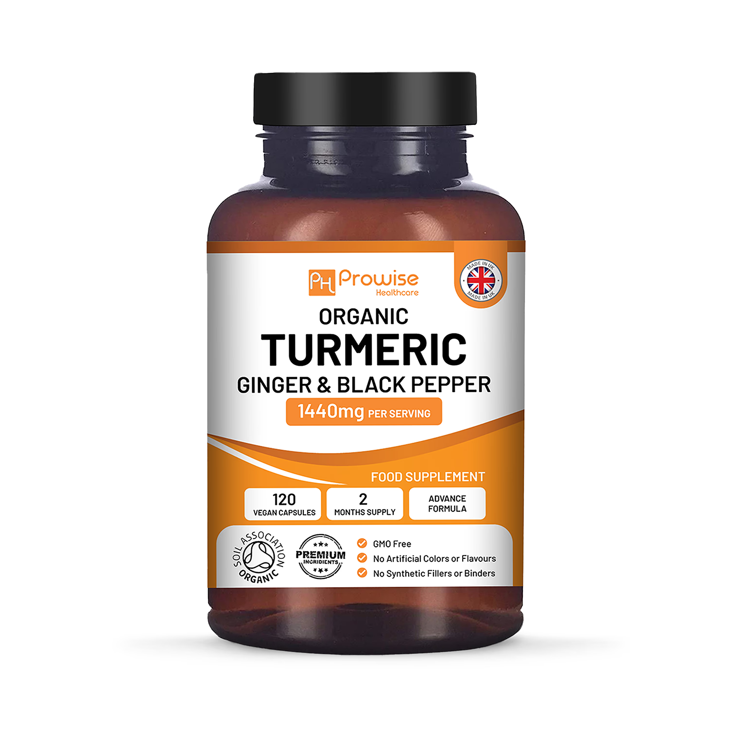 Prowise Healthcare organic turmeric high strength 120 capsules, imported from the UK