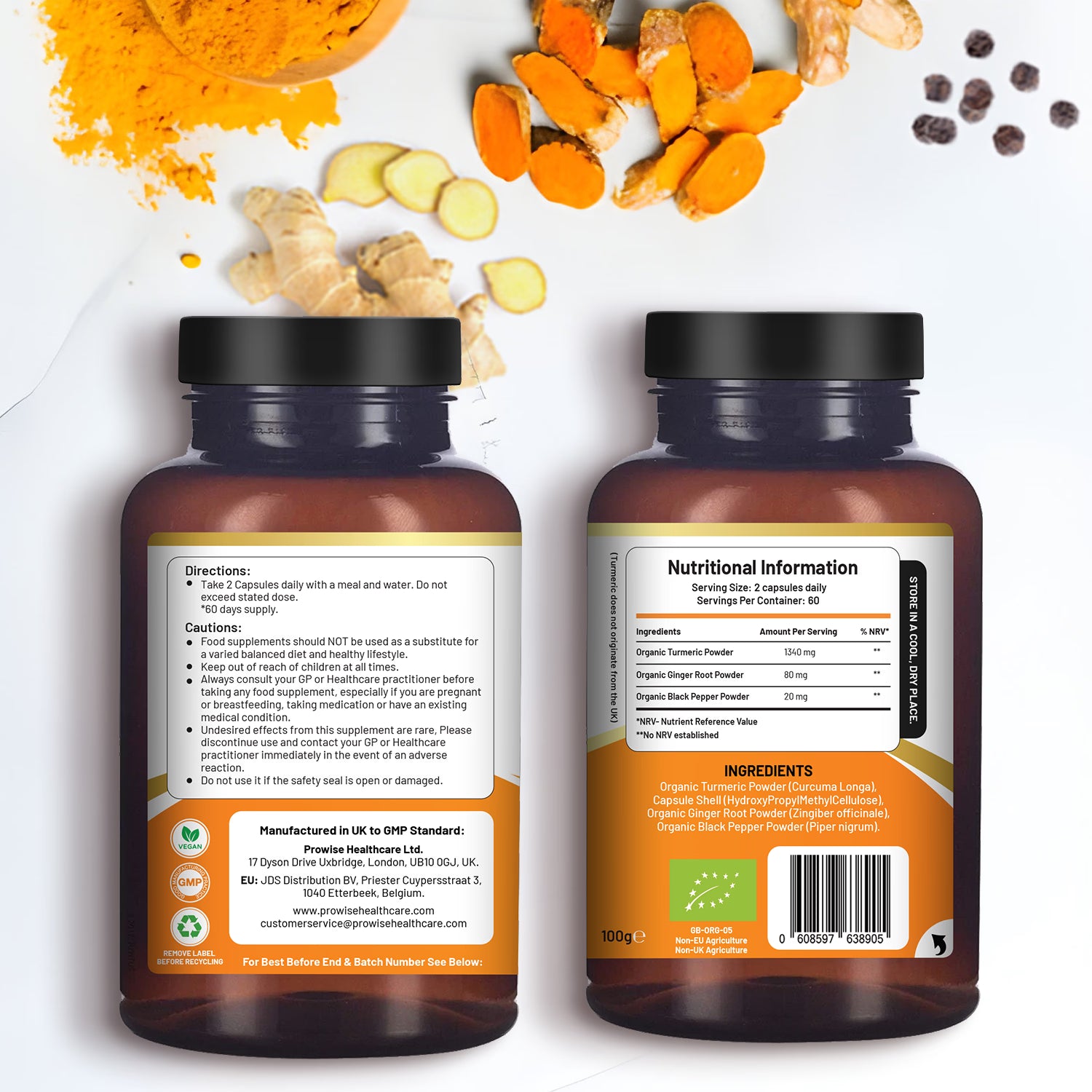 Prowise Healthcare organic turmeric high strength 120 capsules, imported from the UK