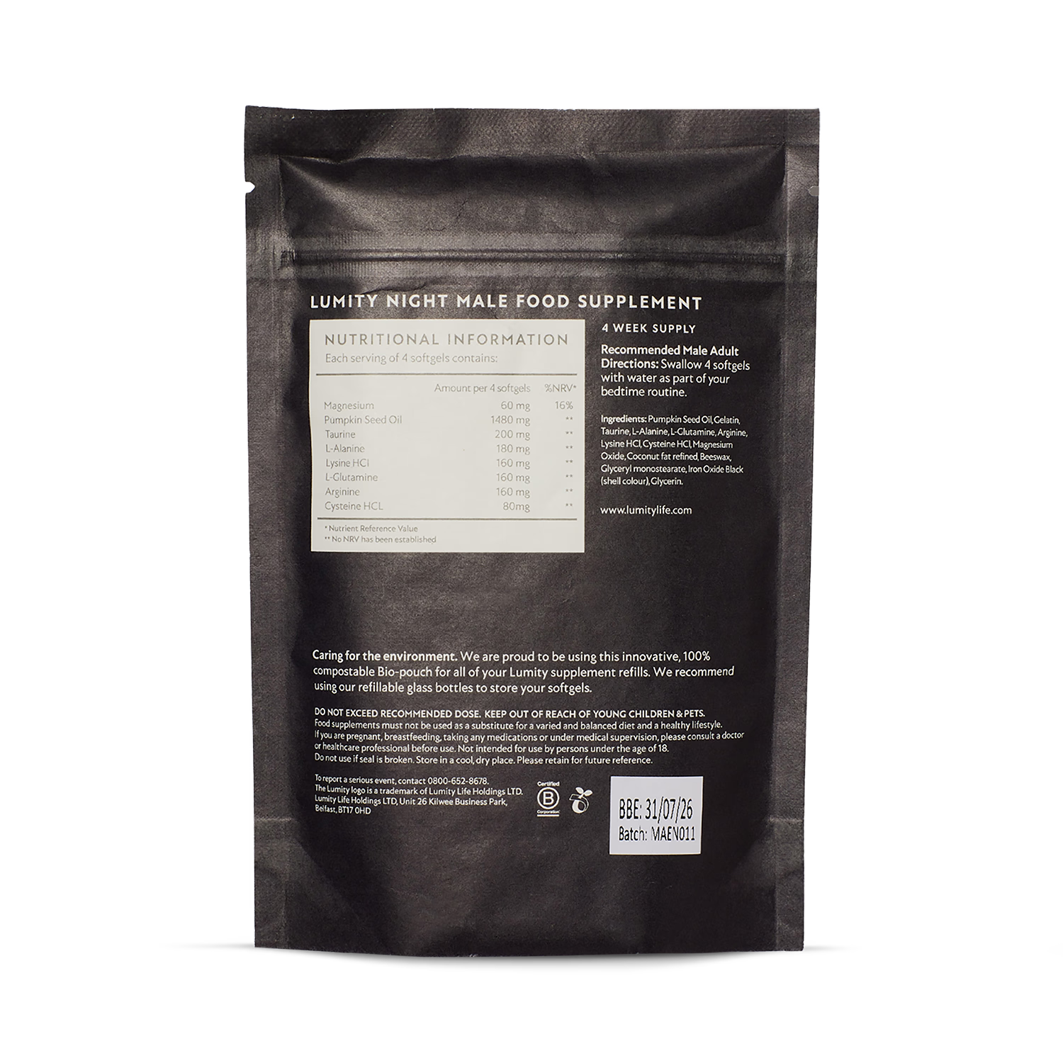 Lumity Male Morning Night supplement refill pouches 28 day (British brand)