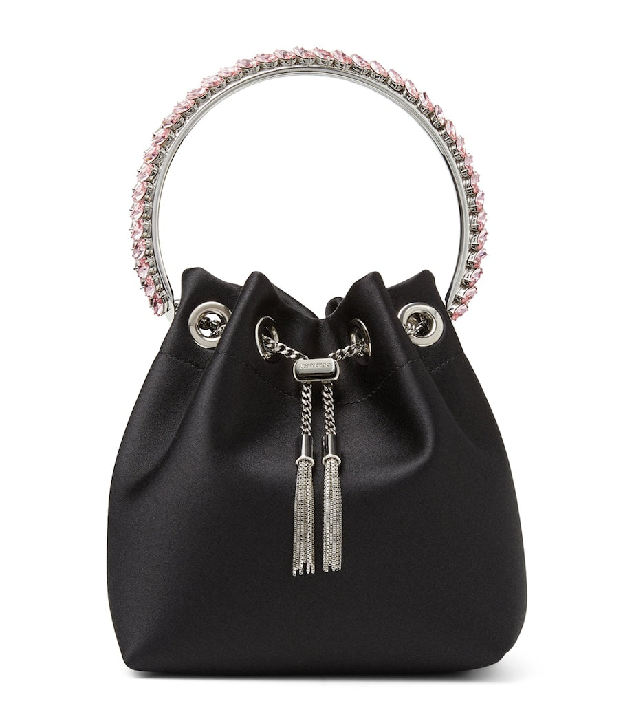Jimmy Choo Bon Bon satin top-handle bag with crystal handle, imported from the UK