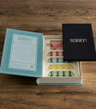 Vintage Bookshelf Sorry board game with fabric-covered book storage (British brand)