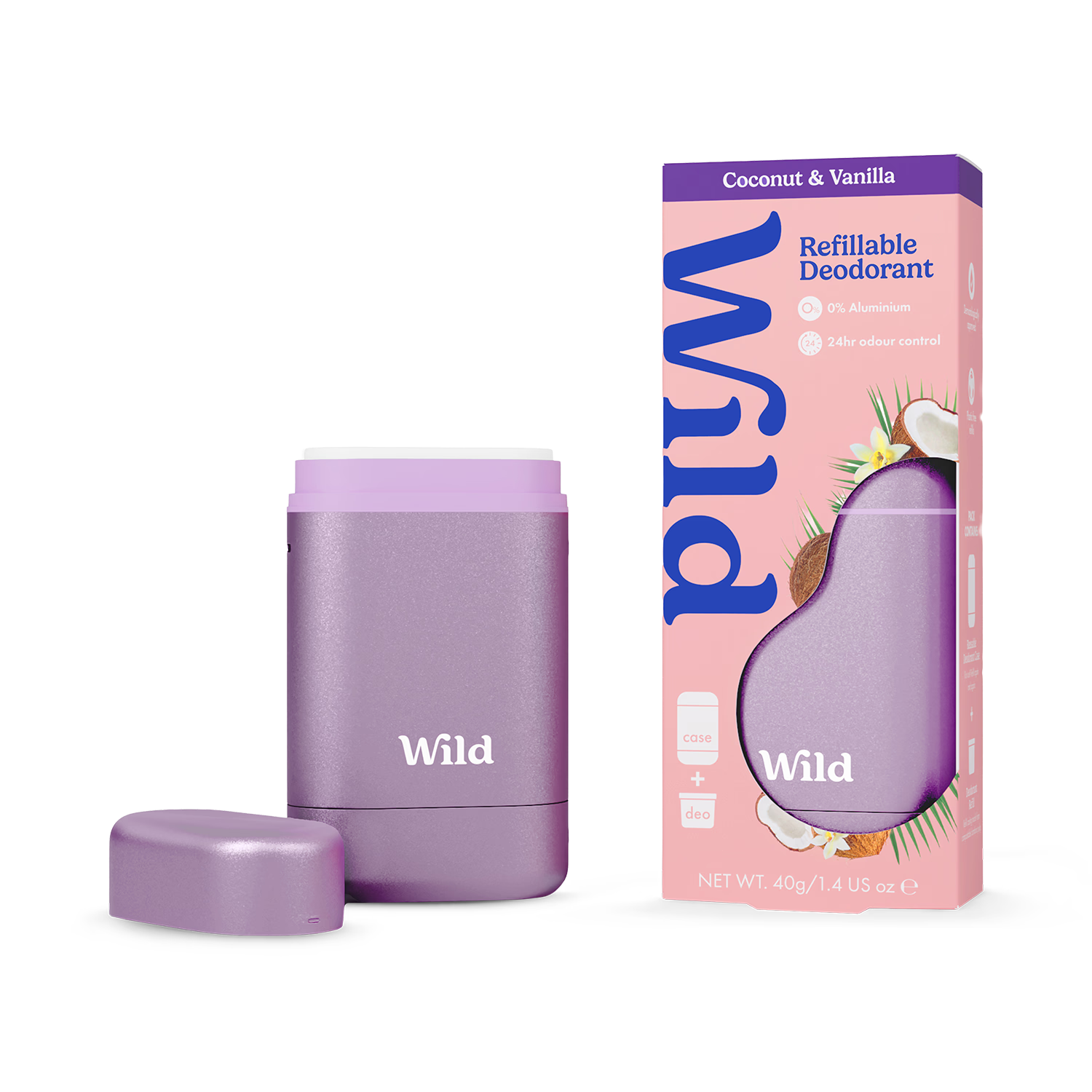 WILD Coconut & Vanilla deodorant starter pack with reusable case (British brand)