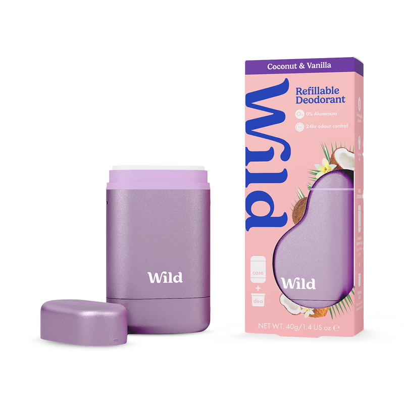 WILD Coconut & Vanilla deodorant starter pack with reusable case (British brand)