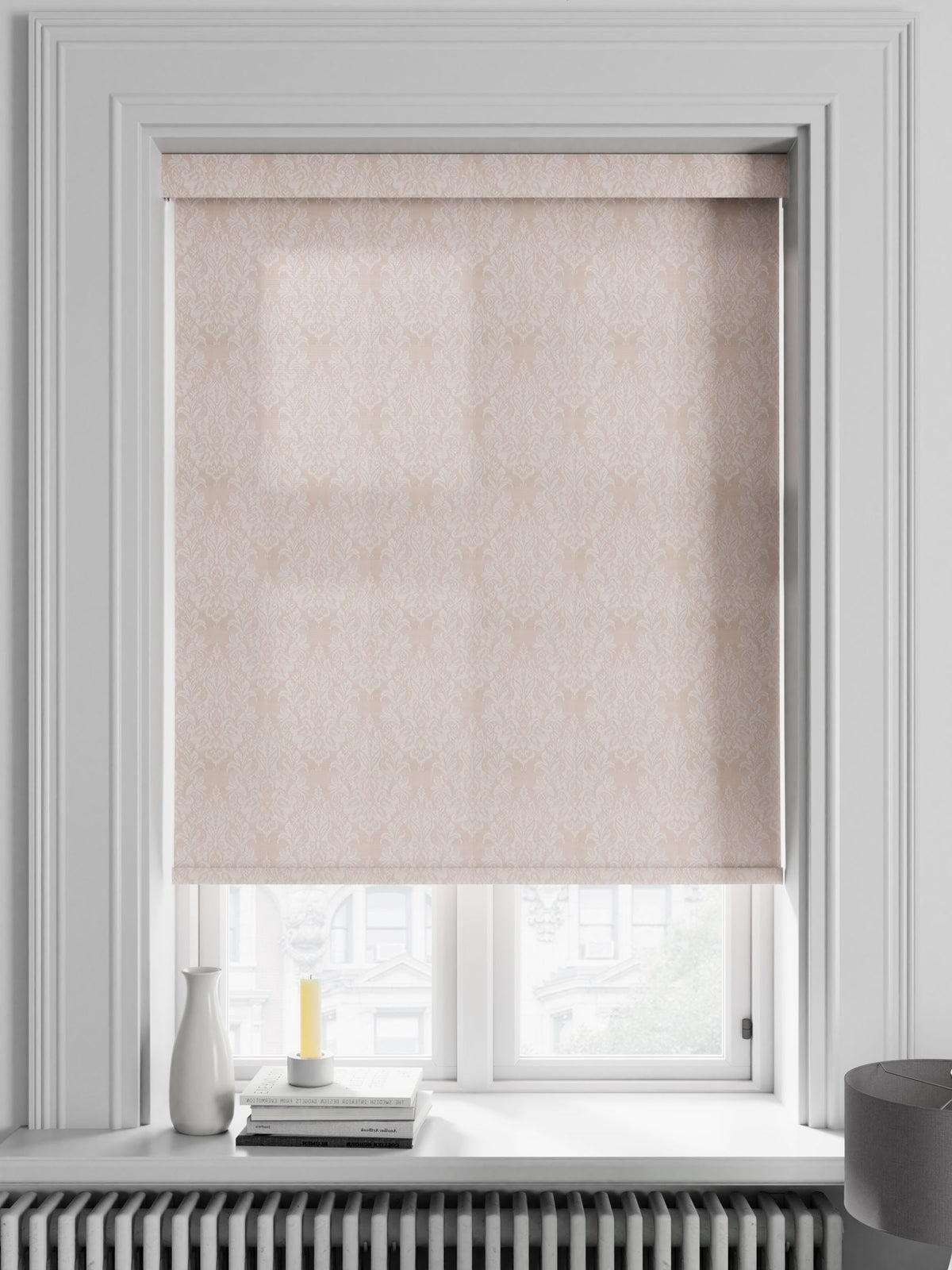 Damask pink Moselle roller blind, UK version