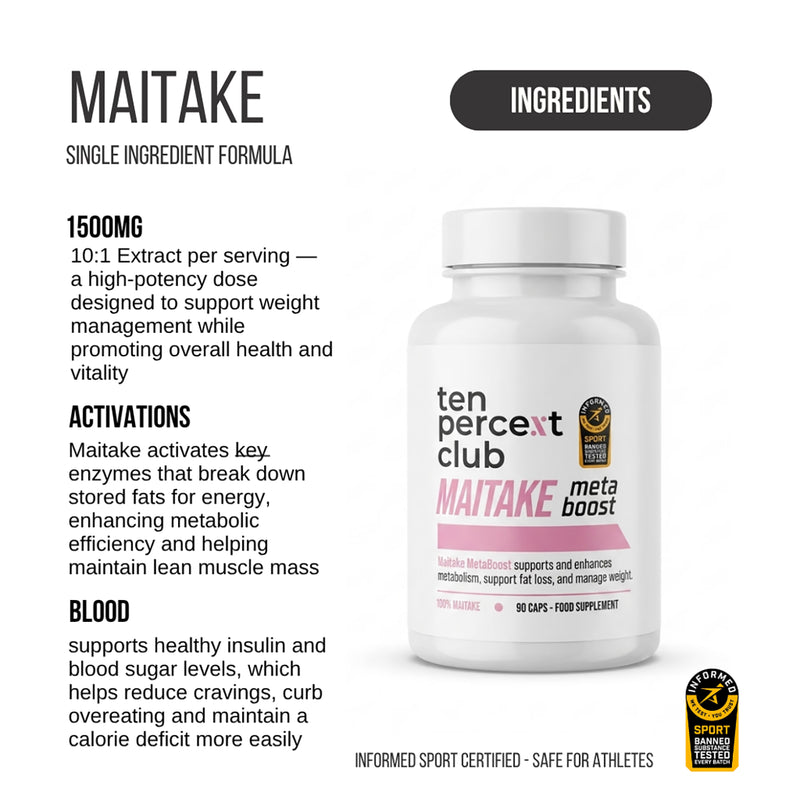 The Ten Percent Club Maitake Metaboost 90 capsules, imported from the UK