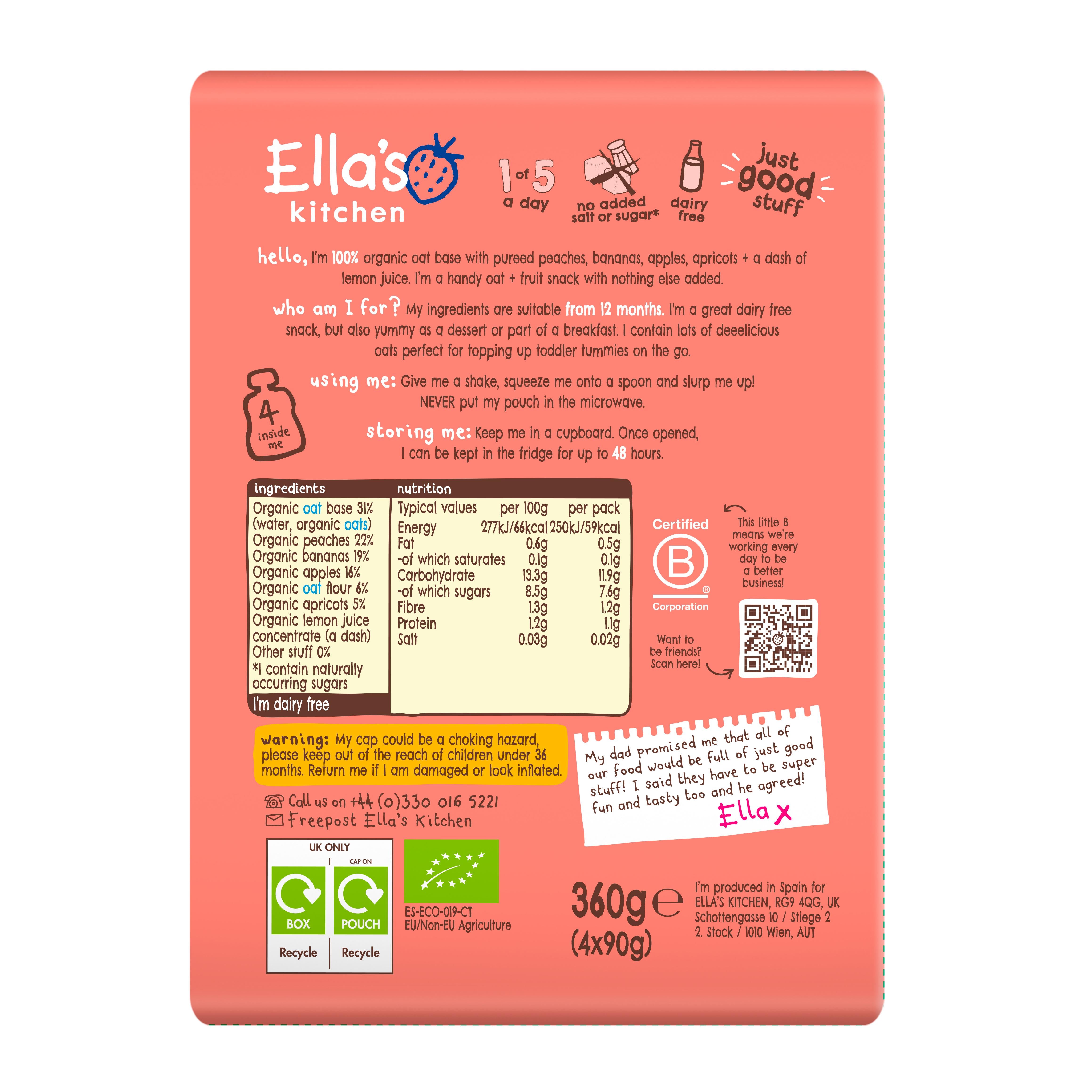 Ella's Kitchen Oaty Smooshy Peach Banana 4x90g - British product