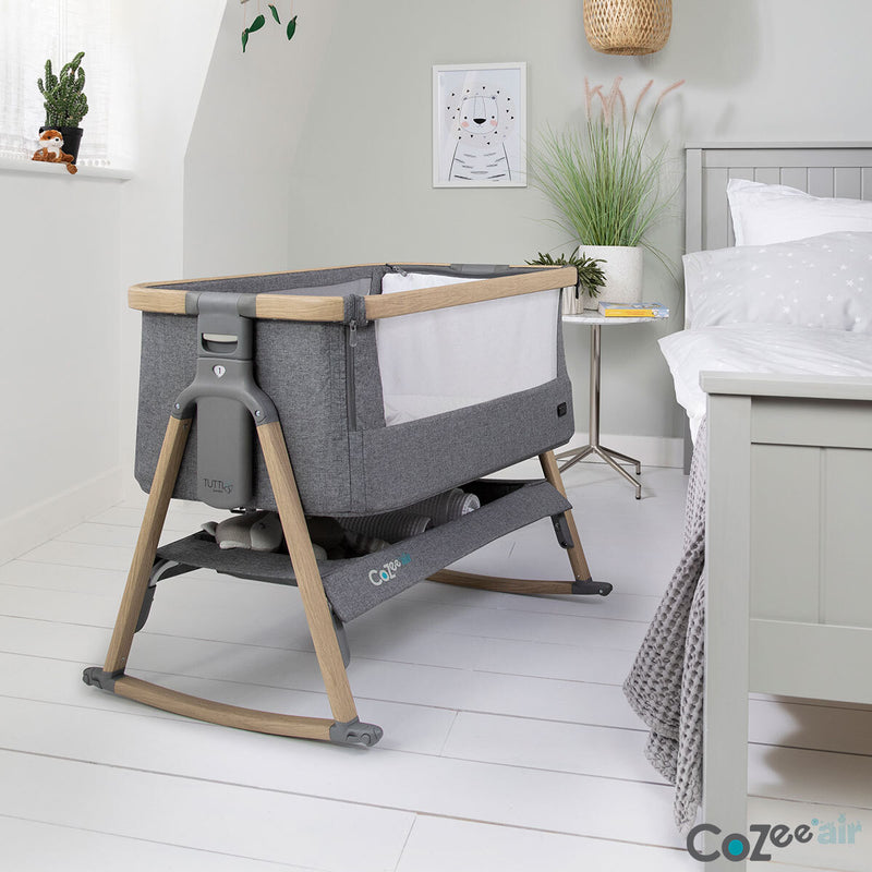 Tutti Bambini CoZee Air bedside rocking crib in oak and charcoal (British brand)