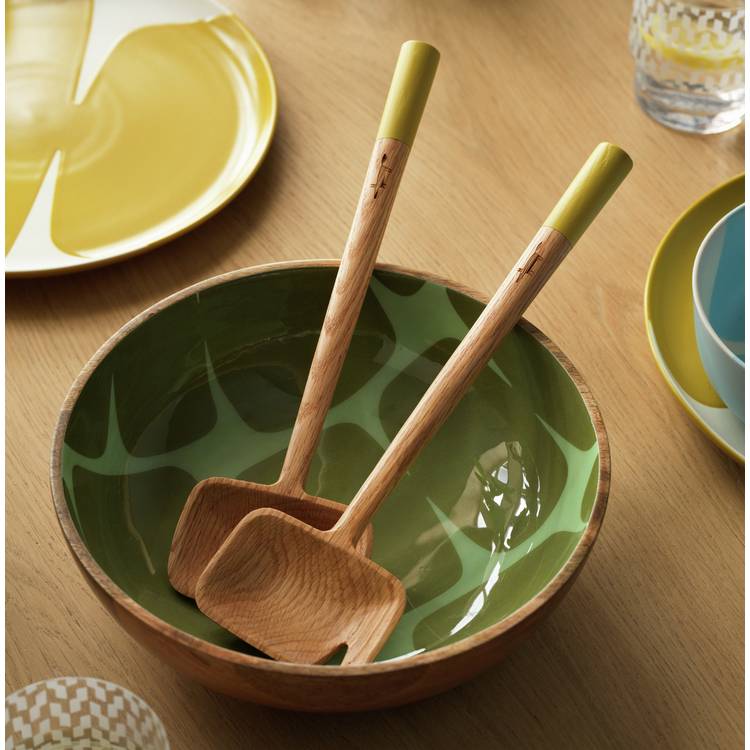 Habitat x Scion oak wood salad servers with yellow handles - British product