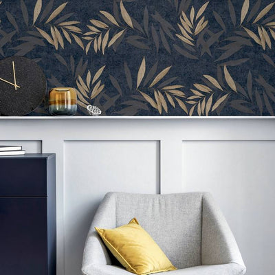 Argos Arthouse Luxury Leaf Navy Champagne Vinyl Wallpaper W53cm x L10.05m- Buy online at McGrocer