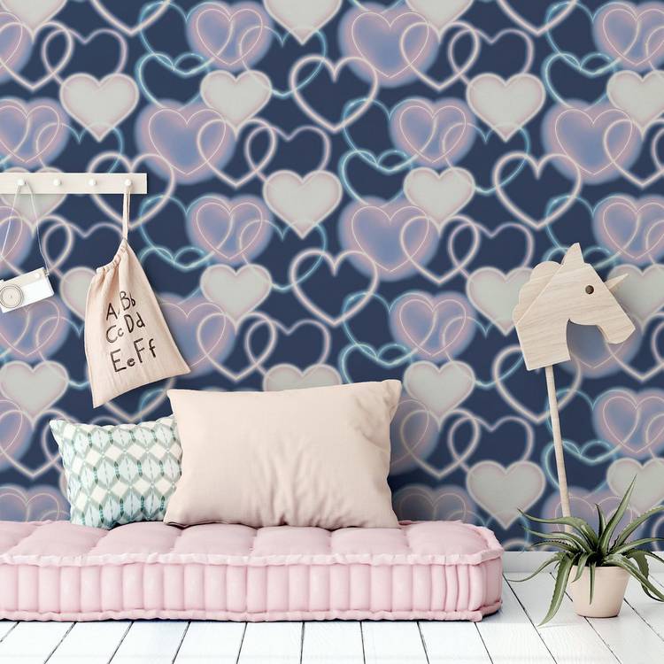 Arthouse neon heart wallpaper navy pink 53cm x 10.05m, UK version