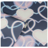 Arthouse neon heart wallpaper navy pink 53cm x 10.05m, UK version