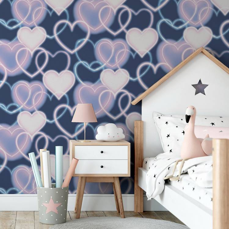 Arthouse neon heart wallpaper navy pink 53cm x 10.05m, UK version