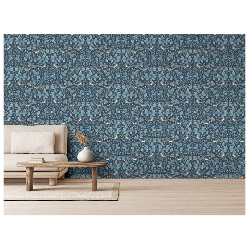 RHS Woodland Songbirds Navy wallpaper roll, imported from the UK