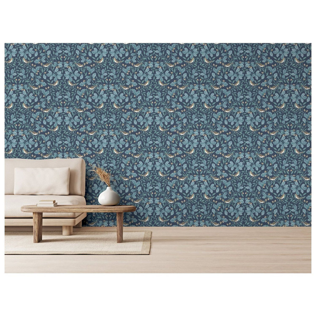 RHS Woodland Songbirds Navy wallpaper roll, imported from the UK