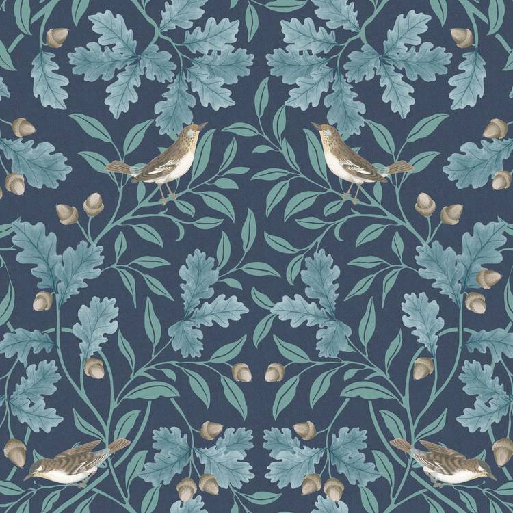 RHS Woodland Songbirds Navy wallpaper roll, imported from the UK
