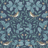 RHS Woodland Songbirds Navy wallpaper roll, imported from the UK