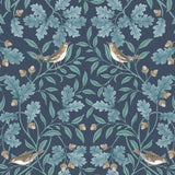 RHS Woodland Songbirds Navy wallpaper roll, imported from the UK
