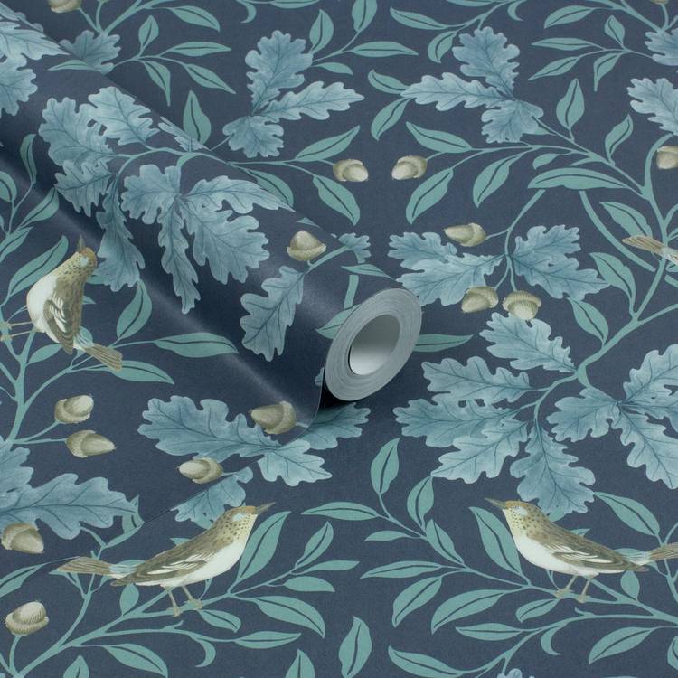 RHS Woodland Songbirds Navy wallpaper roll, imported from the UK