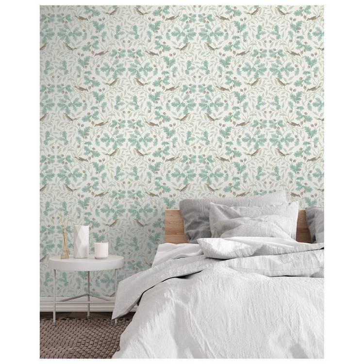 RHS Woodland Songbirds Sage wallpaper roll - British product