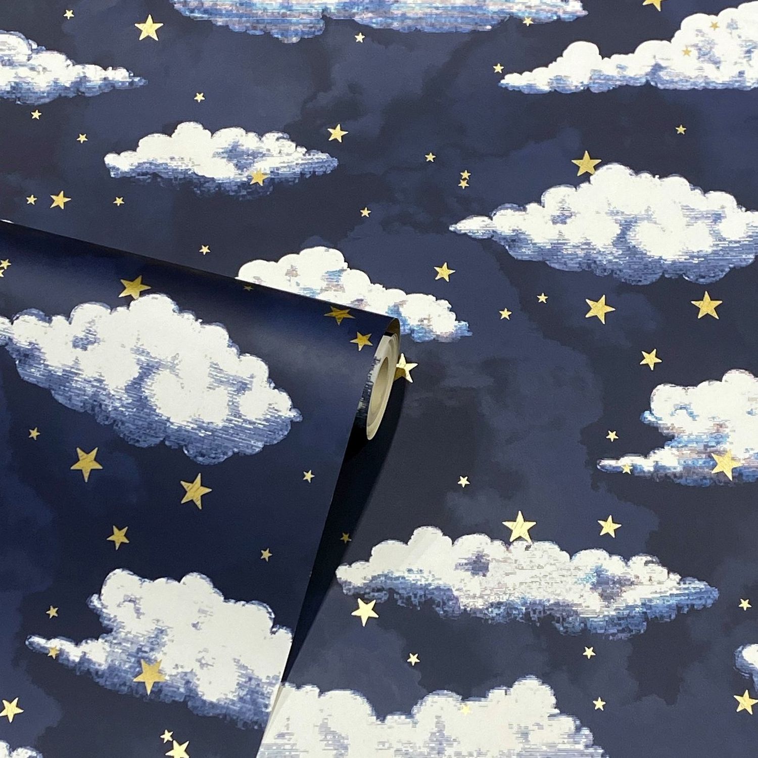 Arthouse stars and clouds navy wallpaper roll, imported from the UK