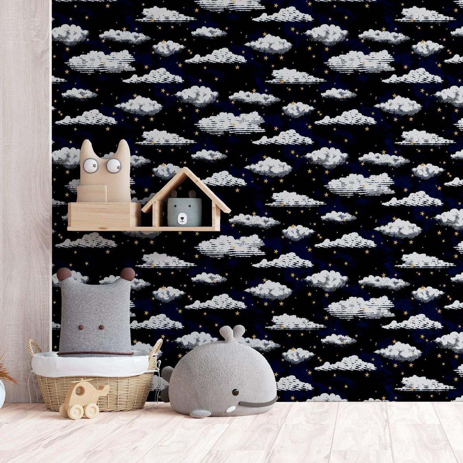 Arthouse stars and clouds navy wallpaper roll, imported from the UK