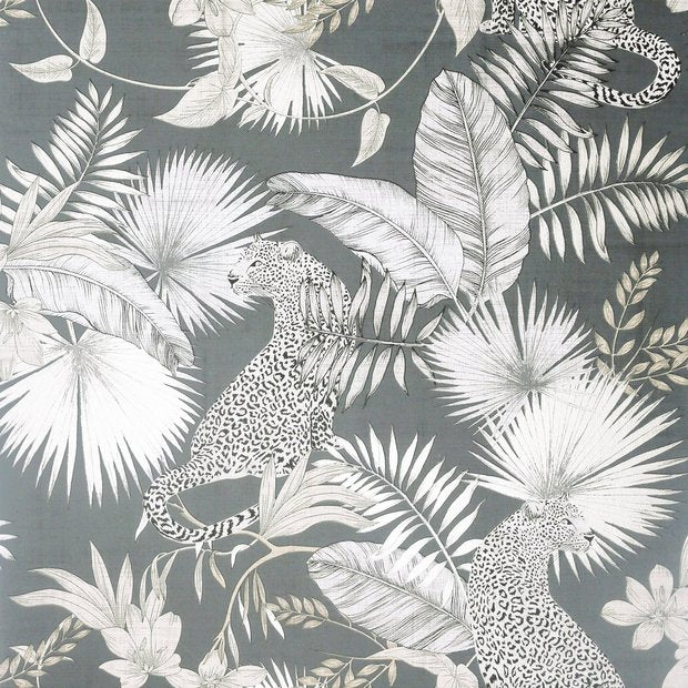Arthouse jungle theme grey wallpaper with leopard design, UK version