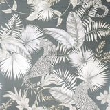 Arthouse jungle theme grey wallpaper with leopard design, UK version