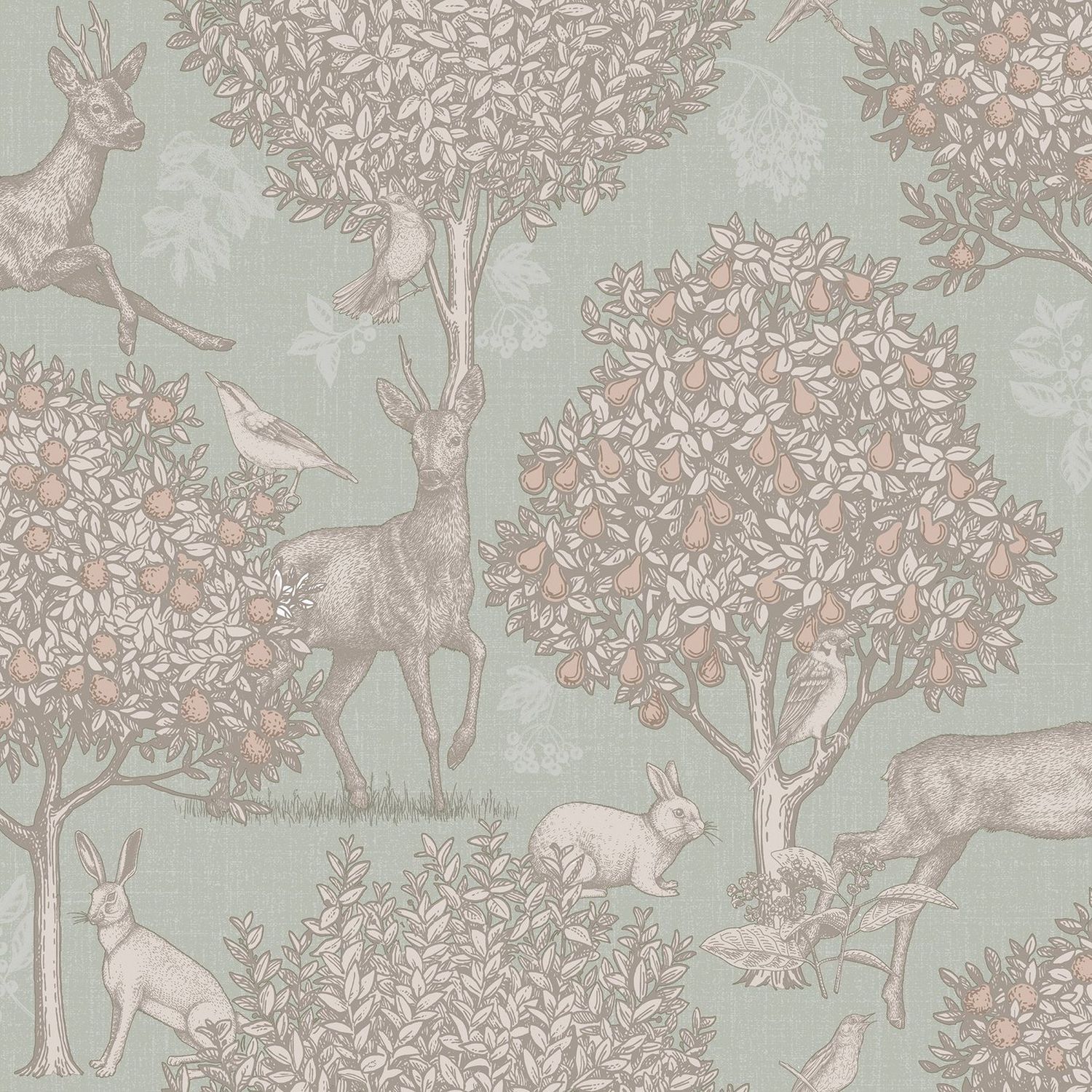 Arthouse Woodland Scene sage green wallpaper, imported from the UK