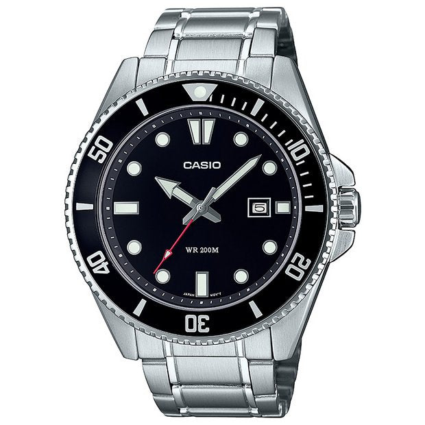 Casio stainless steel watch black dial silver strap (British brand)