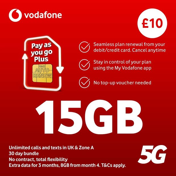 Vodafone 15GB Pay As You Go Plus SIM card, UK version
