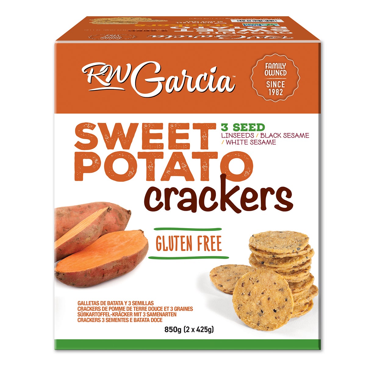 RW Garcia 3 Seed Sweet Potato Crackers 850g, imported from the UK