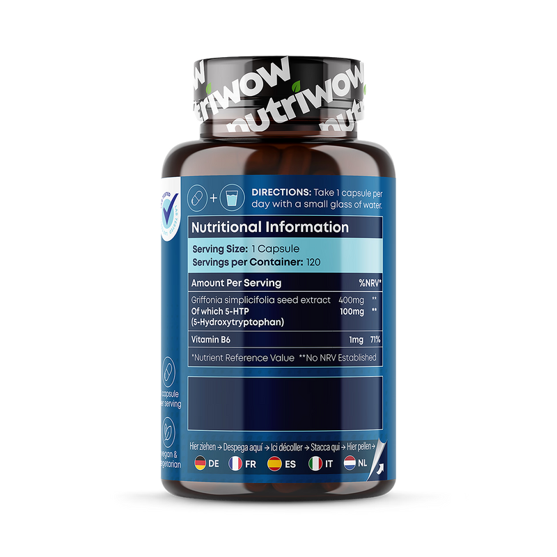 Nutriwow 5-HTP capsules 100mg 120 vegan capsules, imported from the UK