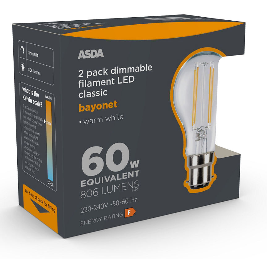 ASDA LED Filament Classic 60W Large Bayonet Dimmable Clear Lightbulb General Household ASDA   