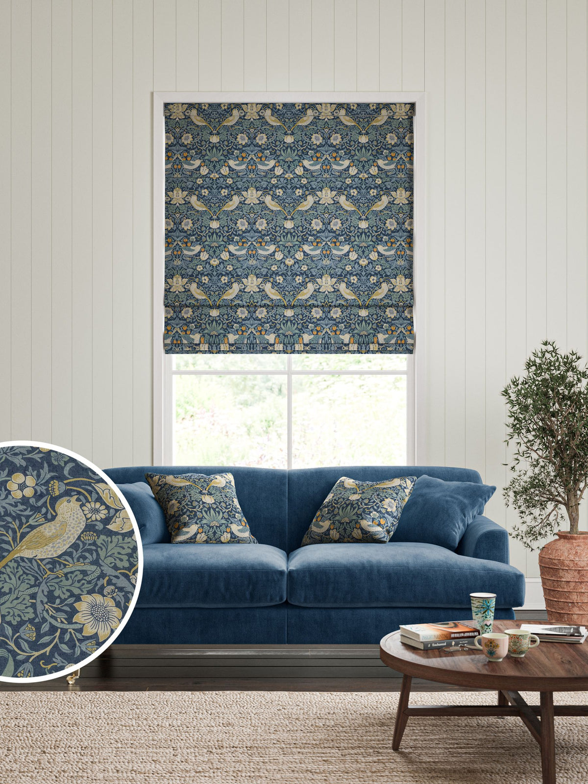 William Morris roman blinds Blue Strawberry Thief pattern, UK version