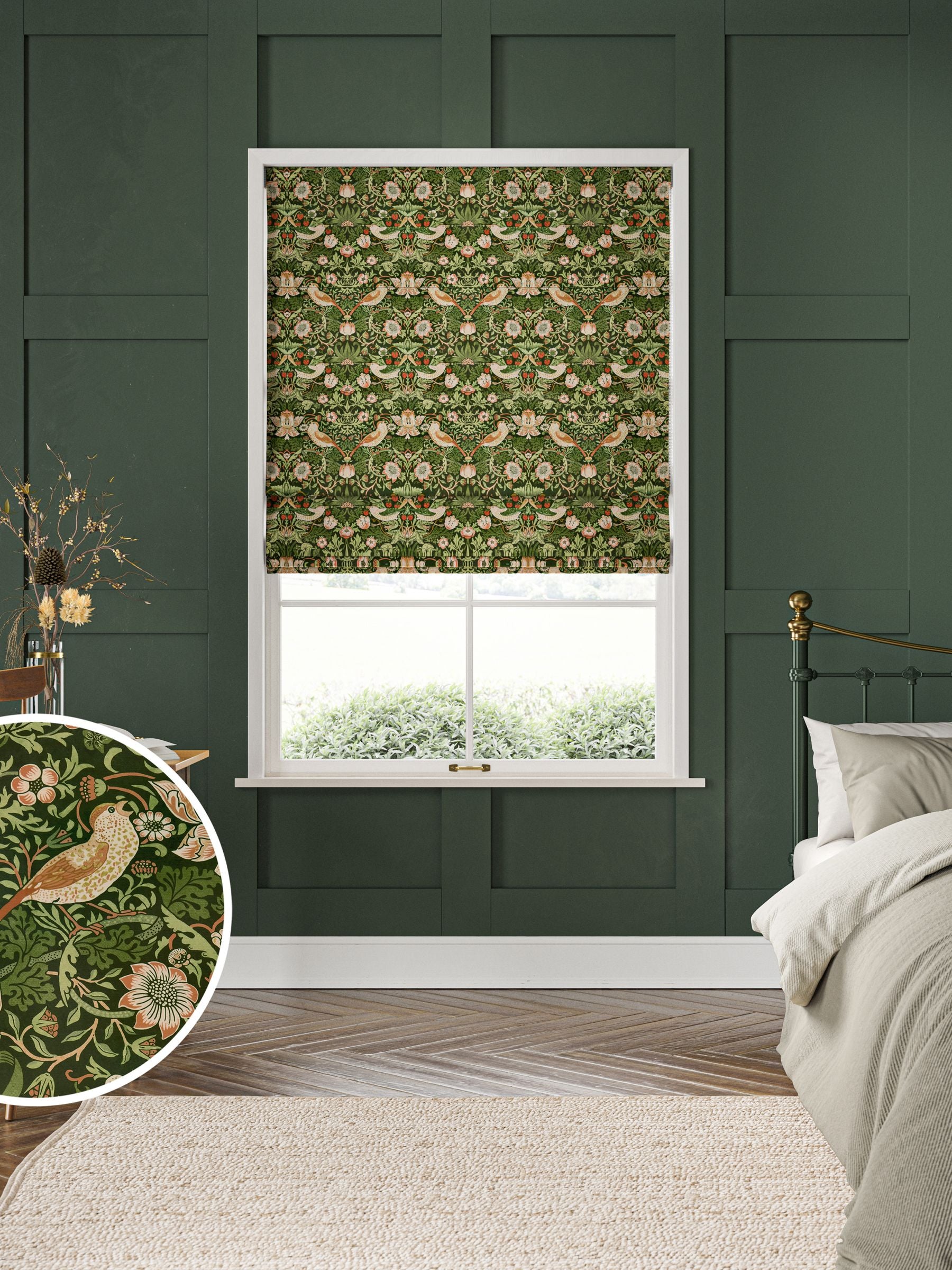 William Morris roman blind Strawberry Thief velvet, imported from the UK