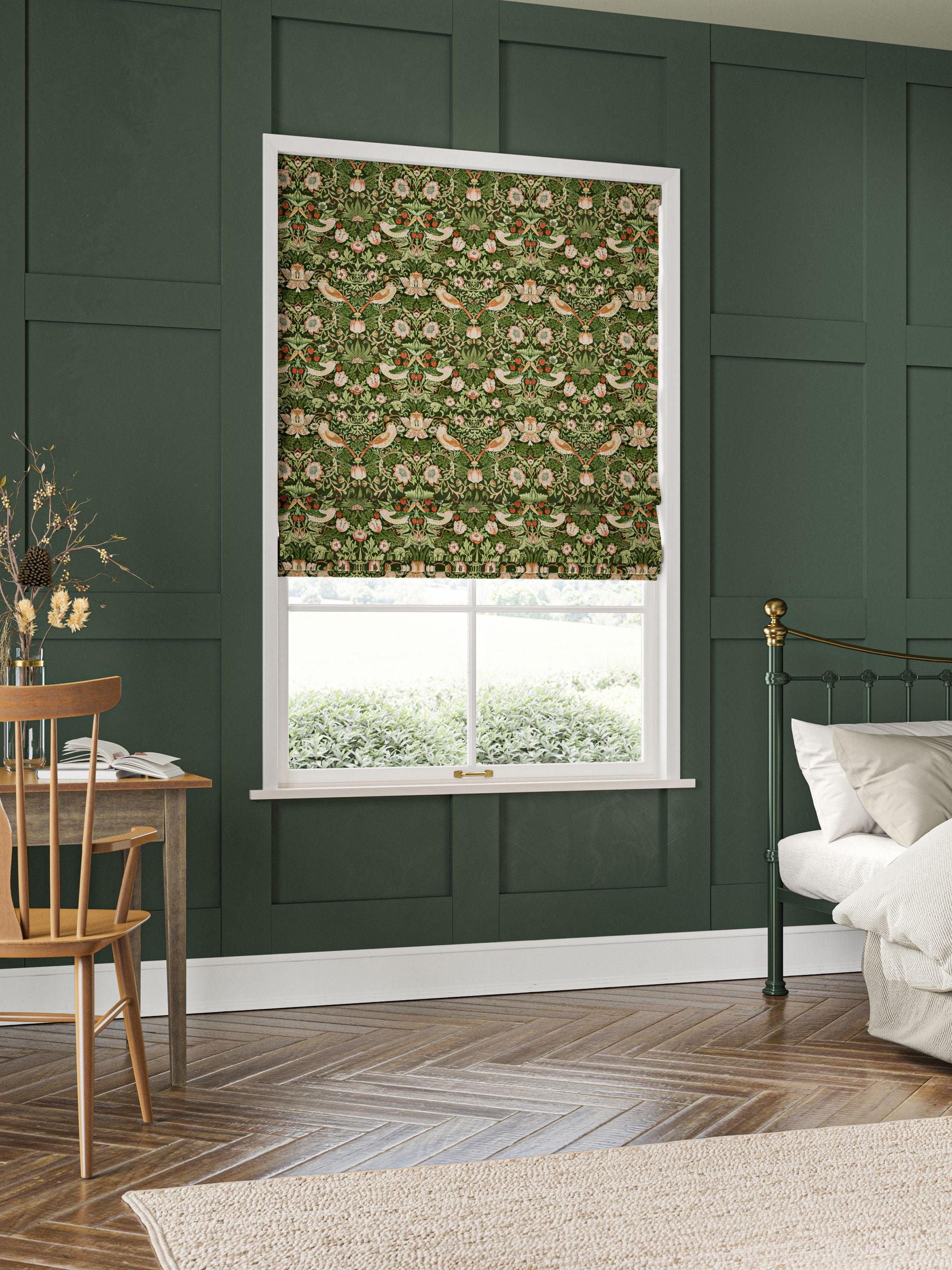 William Morris roman blind Strawberry Thief velvet, imported from the UK