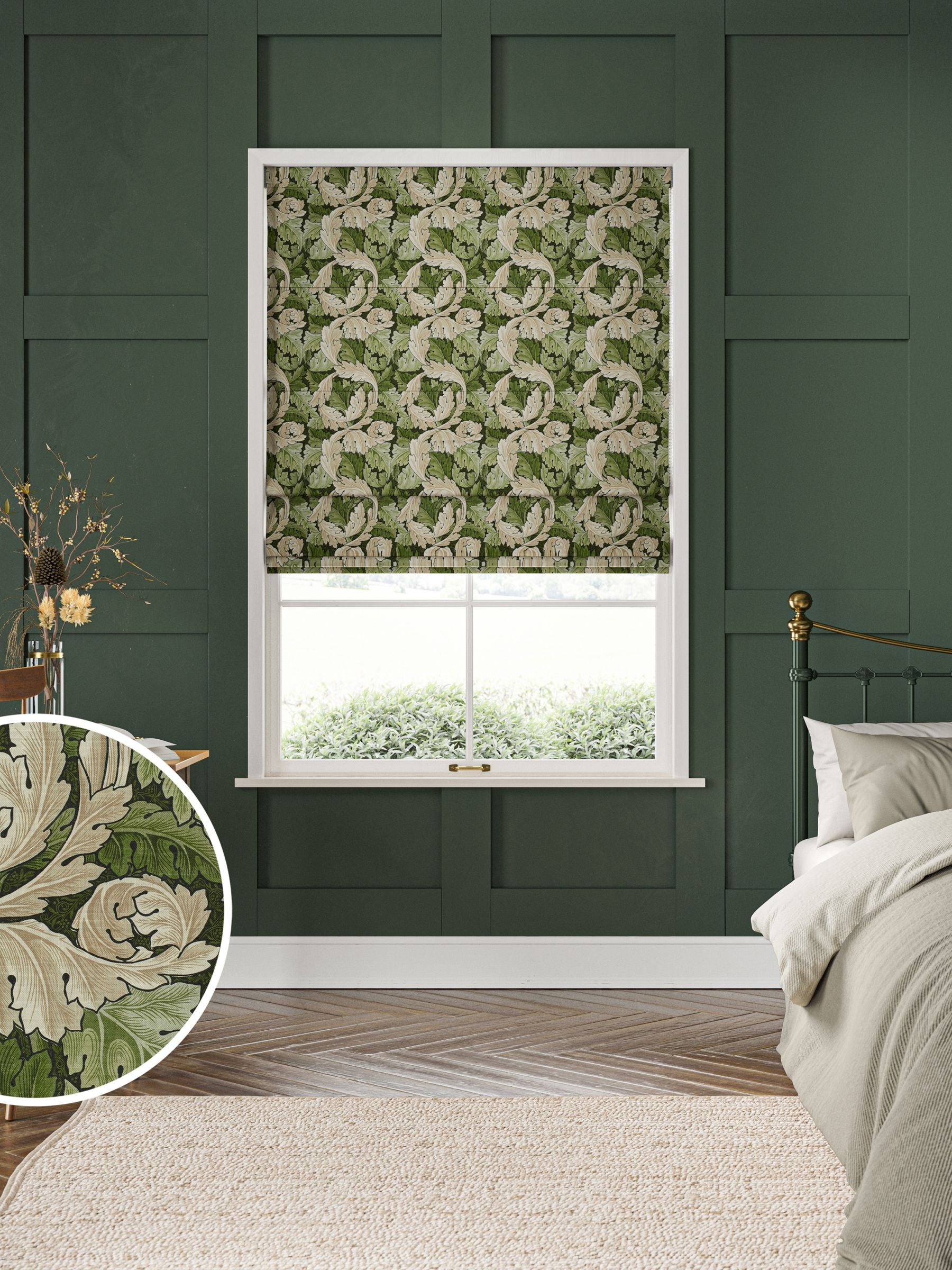 William Morris Green Acanthus made to measure Roman blinds, UK version
