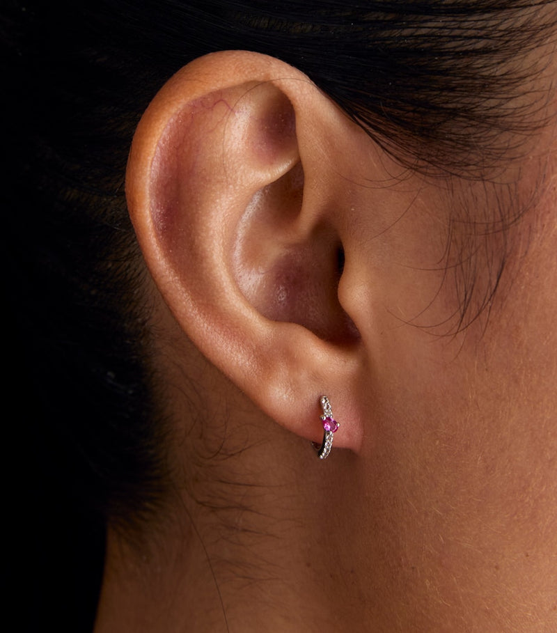 Astrid & Miyu marquise huggie hoop earrings white gold pink sapphire UK version