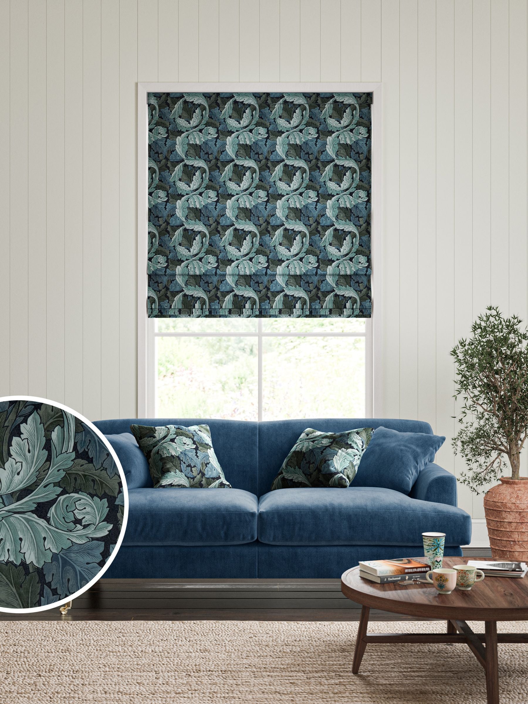 William Morris At Home Blue Acanthus velvet roman blind, imported from the UK