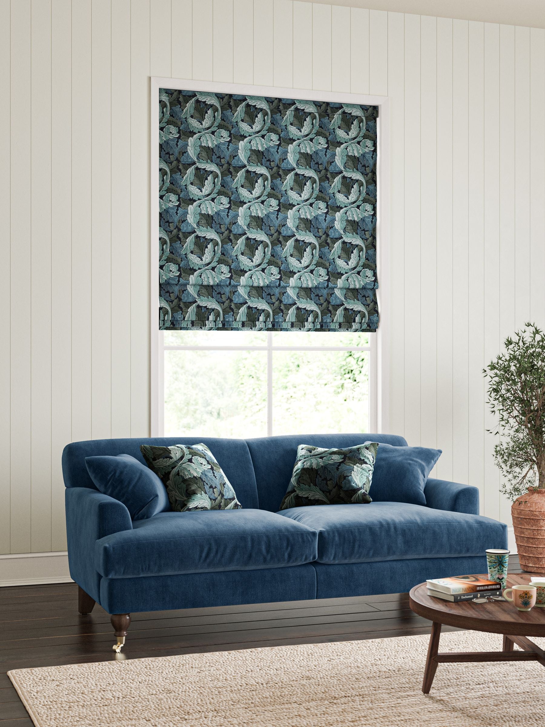 William Morris At Home Blue Acanthus velvet roman blind, imported from the UK