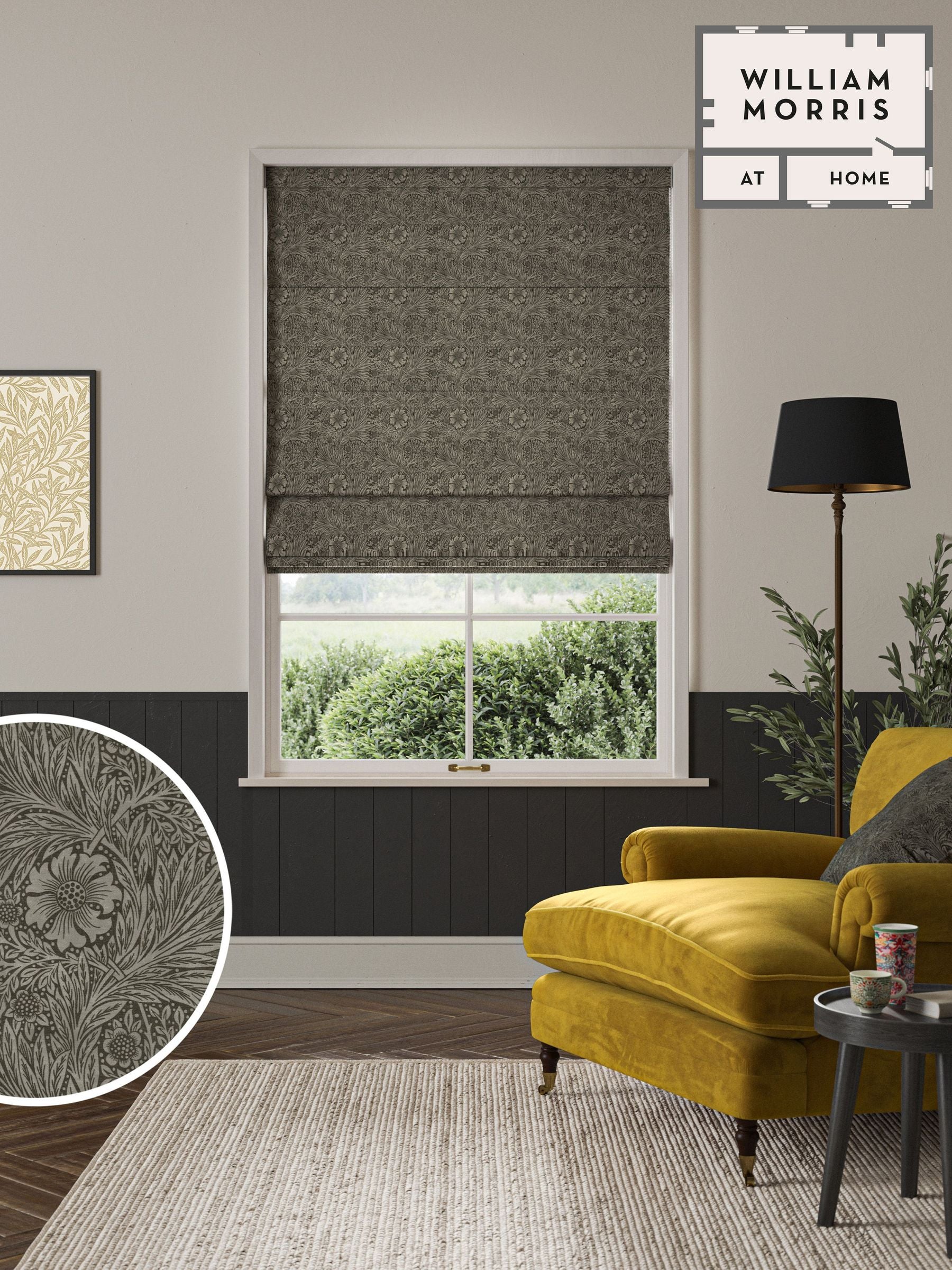 William Morris Grey Marigold Velvet roman blind (British brand)