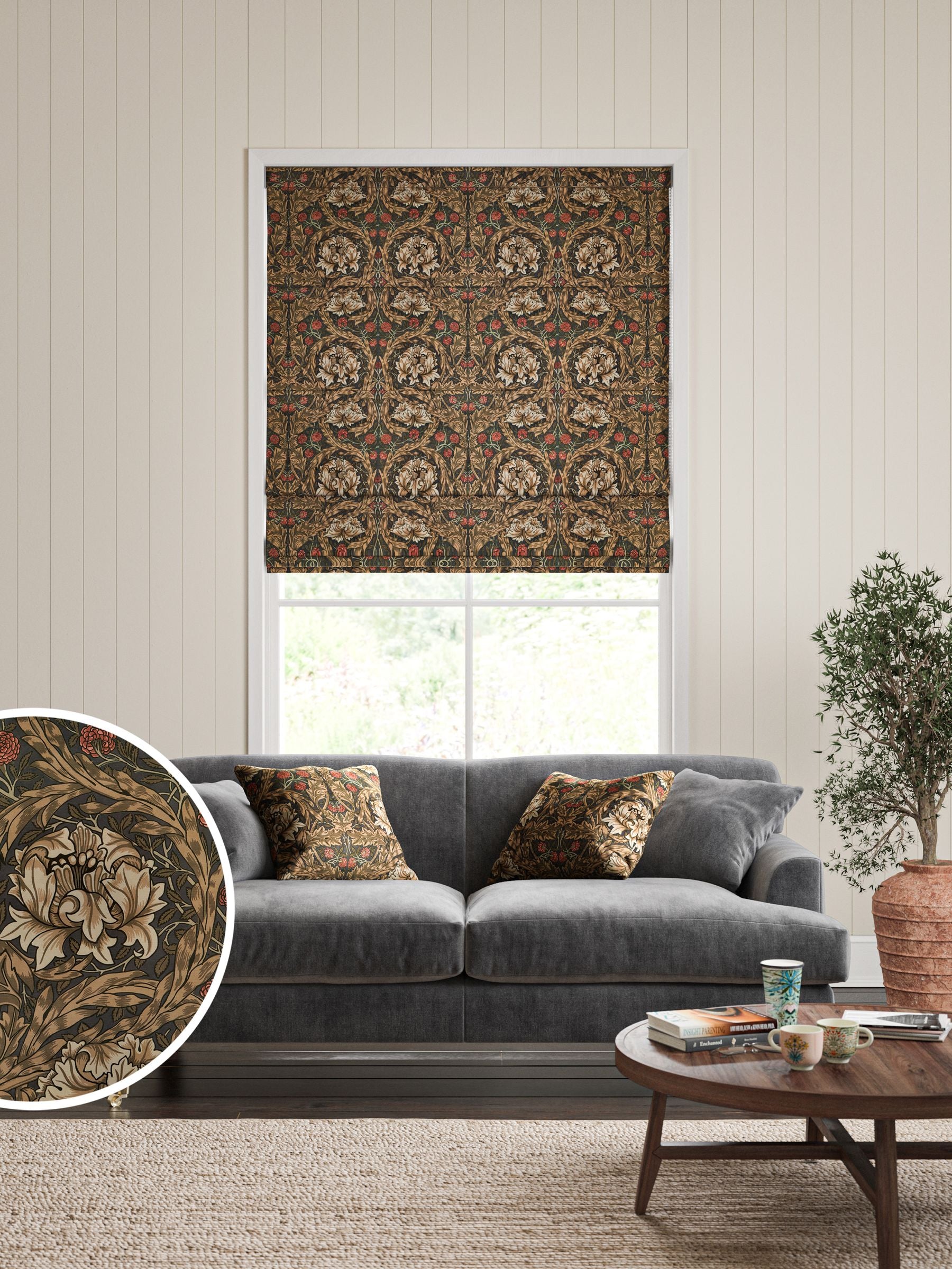 William Morris African Marigold velvet roman blind, imported from the UK