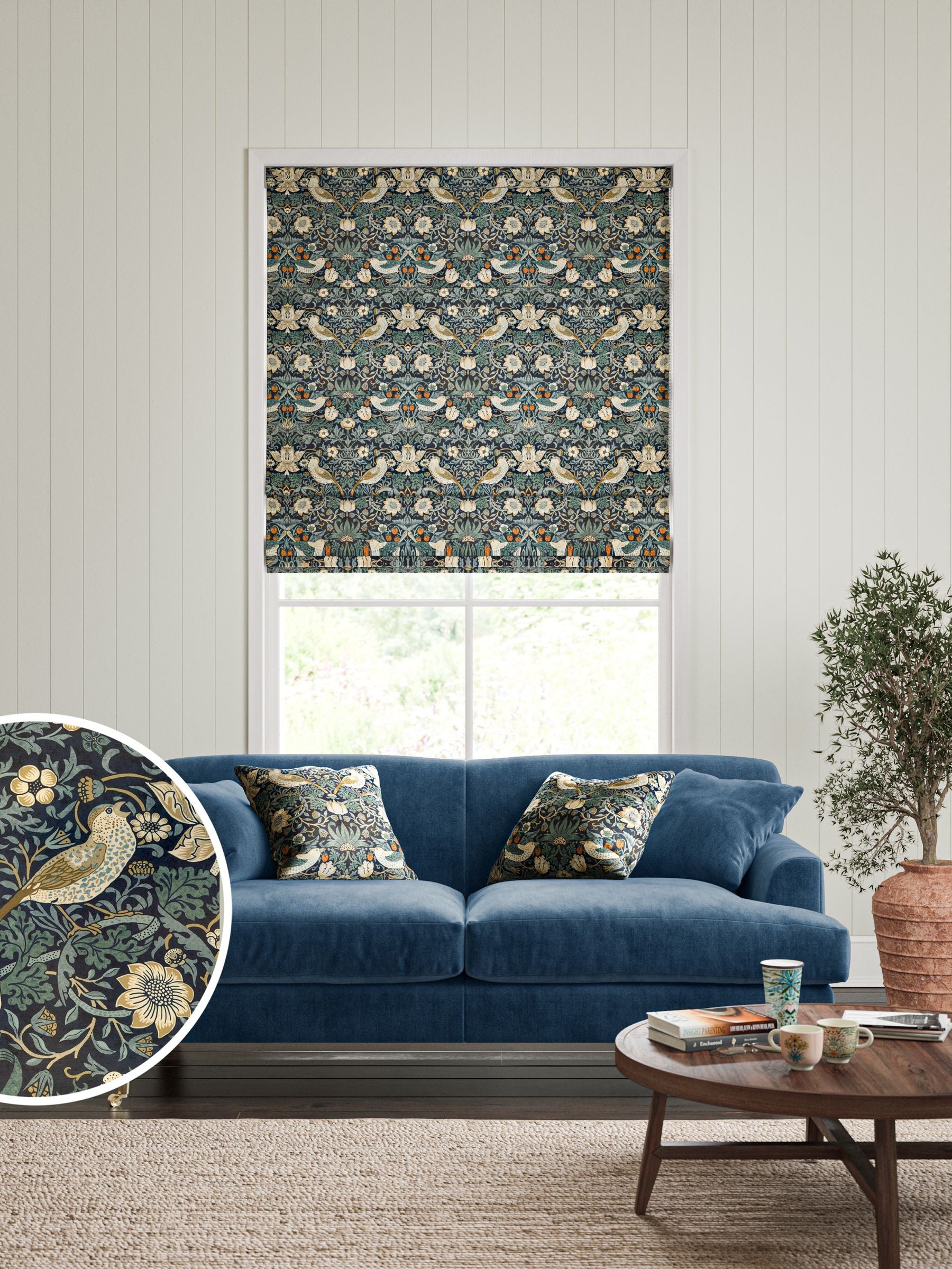 William Morris Strawberry Thief velvet roman blind, UK version