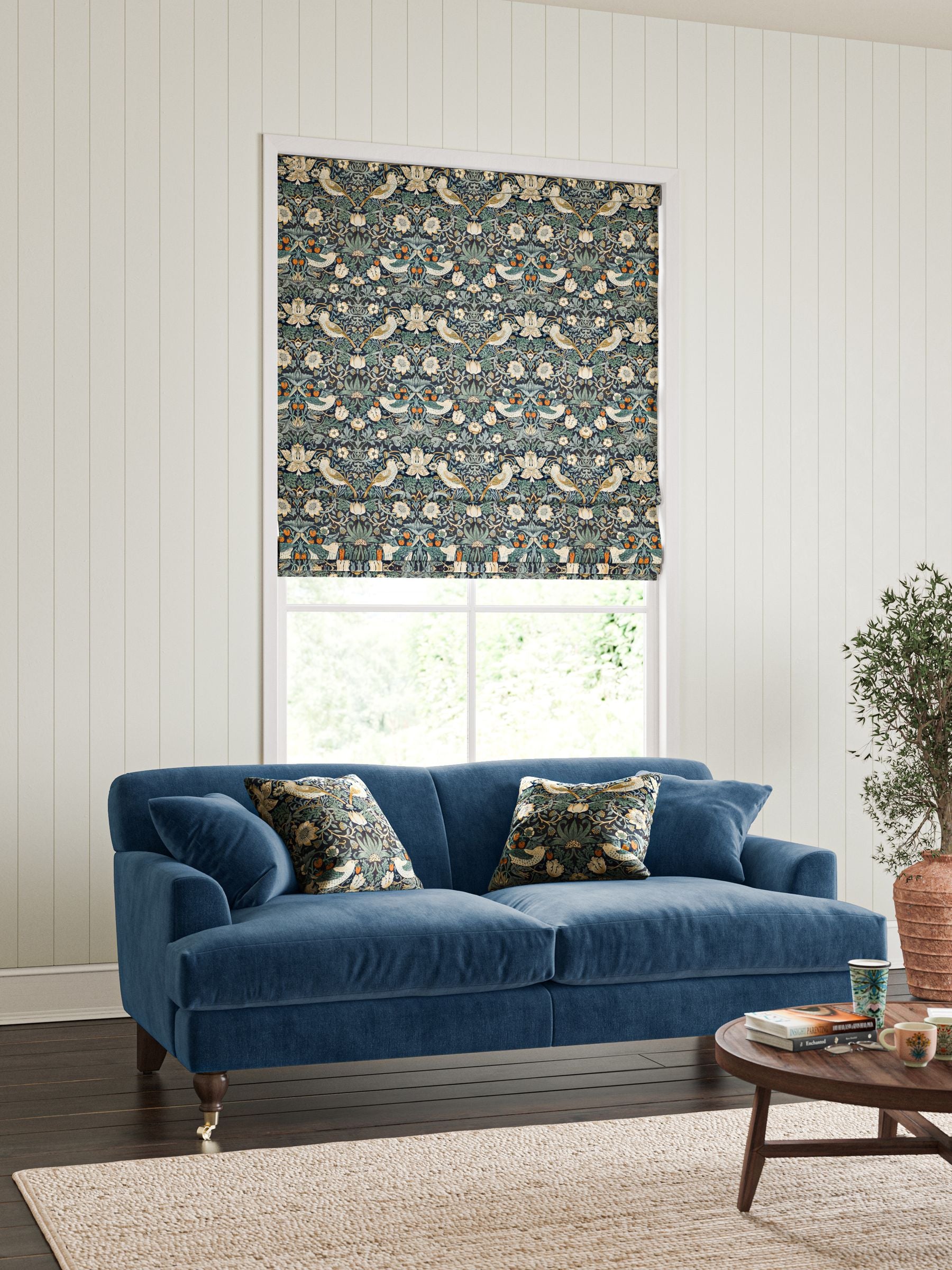 William Morris Strawberry Thief velvet roman blind, UK version