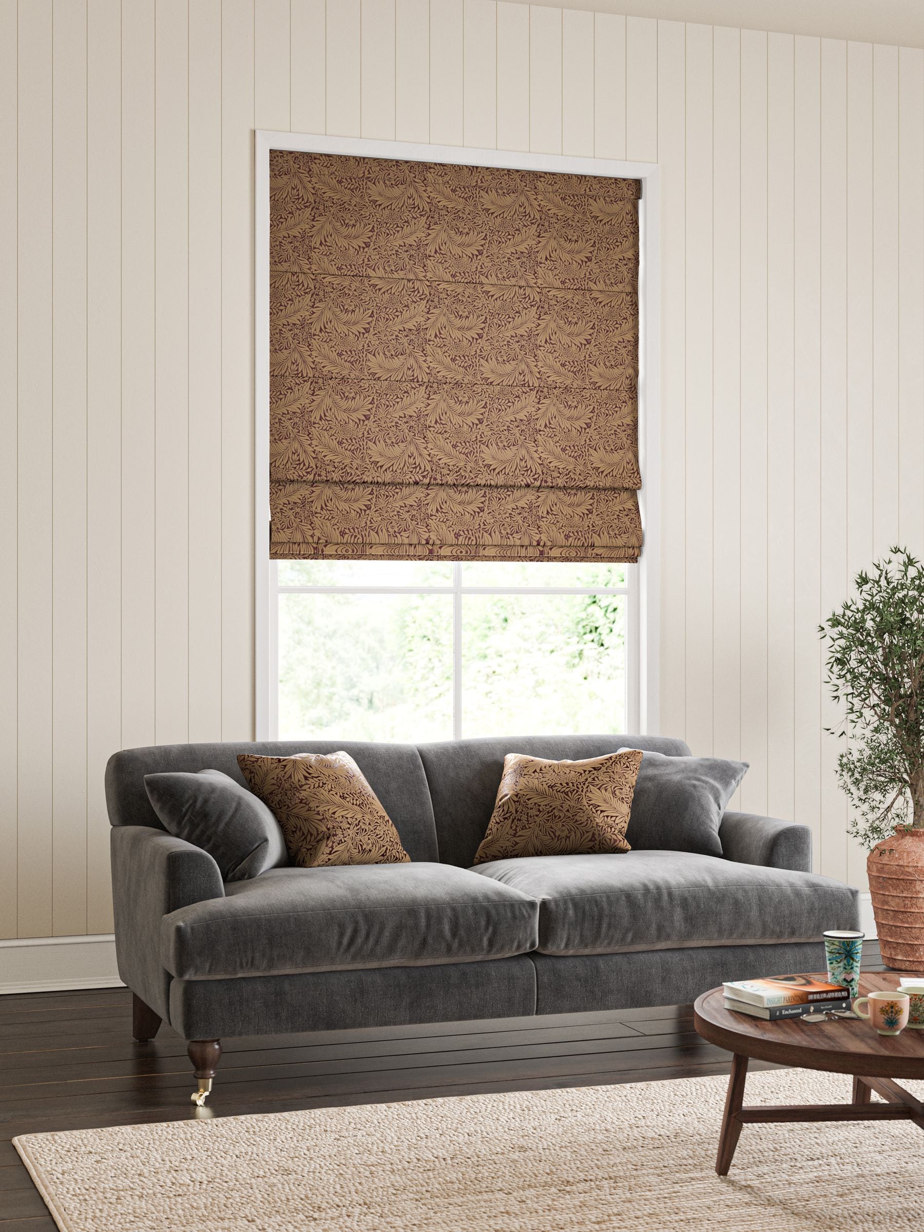 William Morris roman blind in Pink Larkspur, UK version