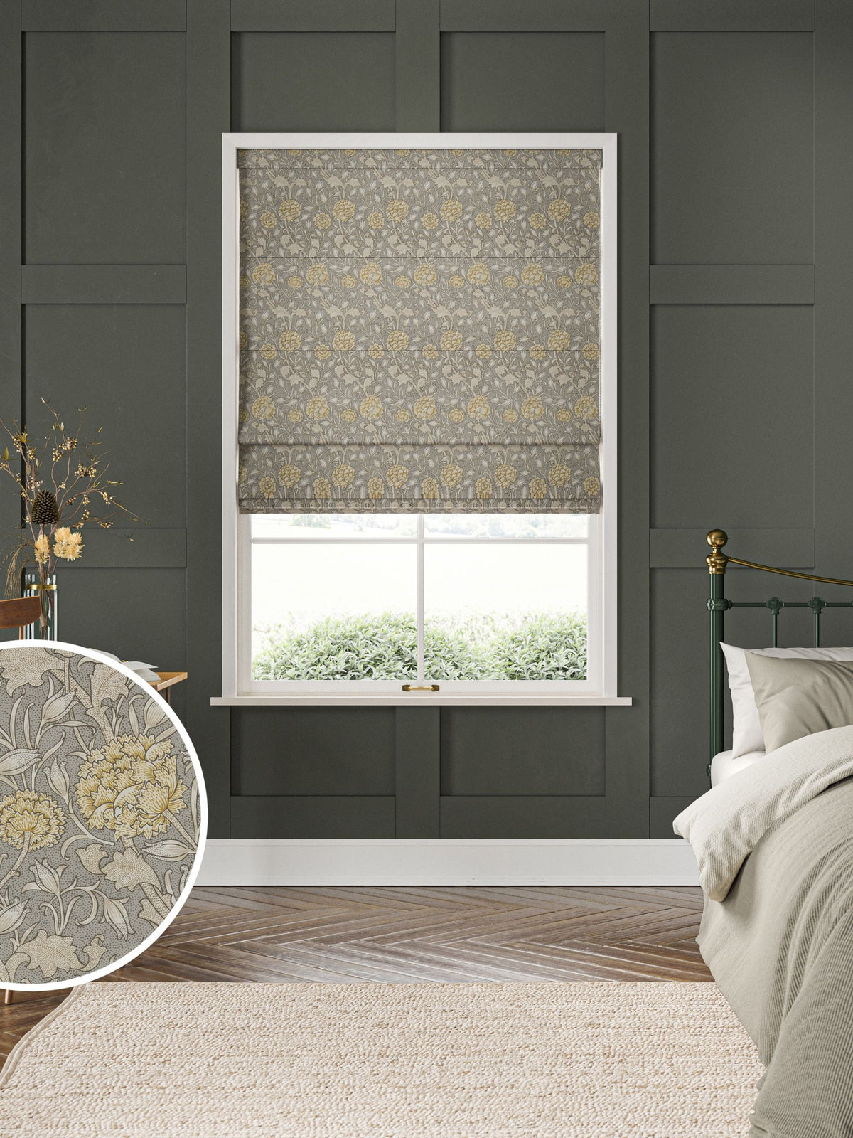 William Morris grey wild tulip roman blinds (British brand)