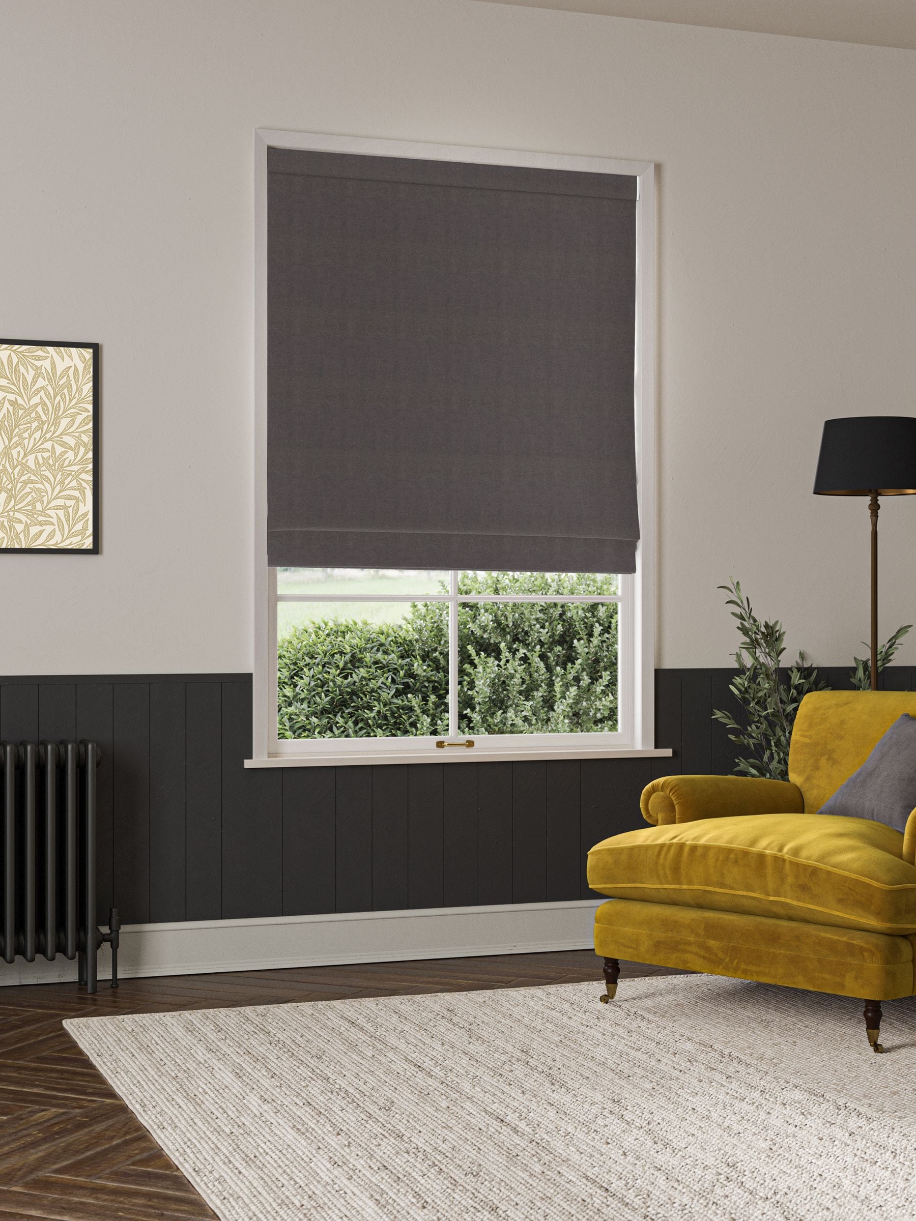 William Morris At Home Grey Lodden Embroidery roman blind, imported from the UK