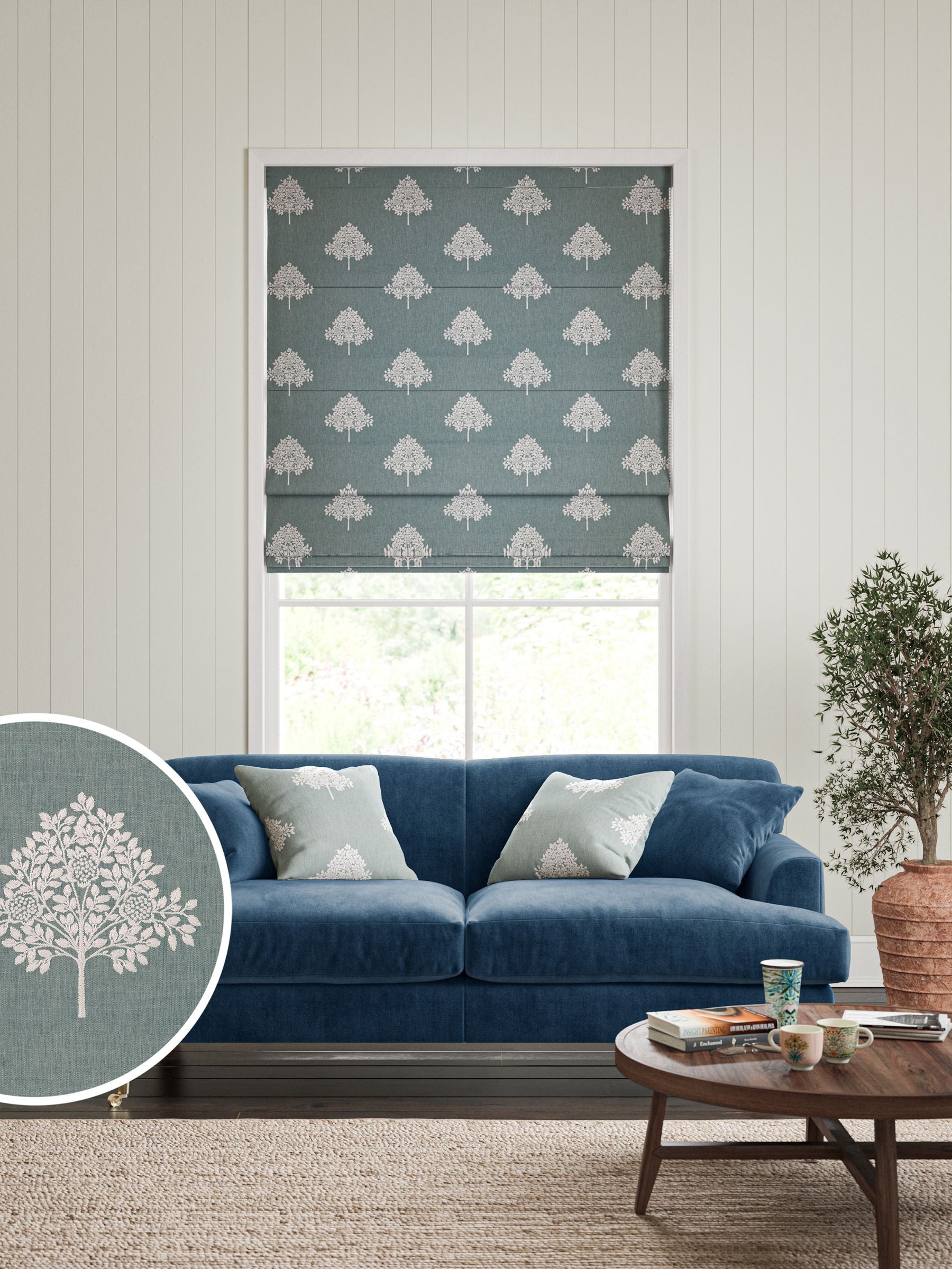 William Morris blue marigold tree embroidery roman blind (British brand)